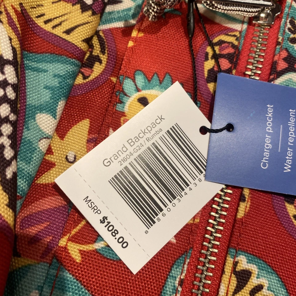 NUEVO CON ETIQUETAS Vera Bradley Grande Gran Bolso Mochila Laptop Rojo Rosa Floral Rumba Foto 3 de 4