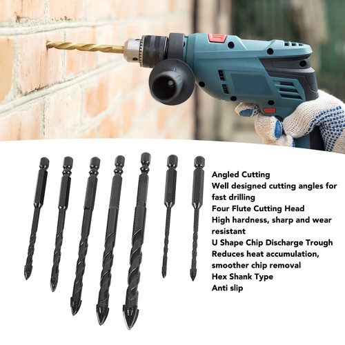 7PCS Masonry Drill Bit Set Hex 4 Flute High Hardness Alloy Twist Drill MFS - Picture 2 of 12