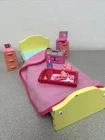 Barbie Bedroom Setting, Wood/Plastic 12” Bed, Side Tables, Blanket,  Accessories