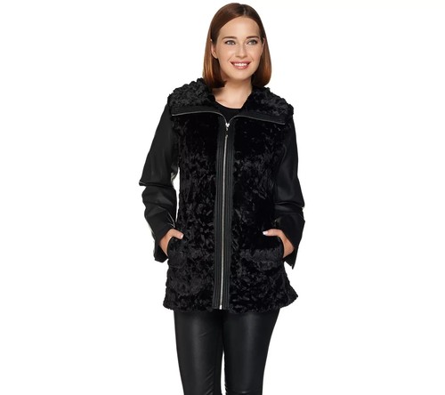 NWOT DENNIS BASSO STERLING FAUX LEATHER AND FUR JACKET ZIP OFF SLEEVES PLUS 2X - Picture 3 of 9