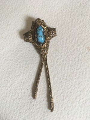 Vintage Brass and Blue Stone Brooch Vintage Gilt Brass Brooch With Faux Pearl & Blue Glass  main image 2