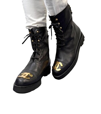 CHANEL Vintage CC Logo Lace-up Ankle Boots #36.5 Short Boots Black