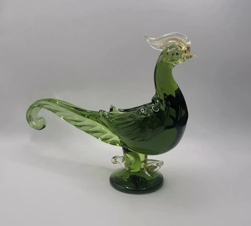 Vtg Murano Venetian Emerald Green/Gold Flake Pheasant Bird Glass Sculpture 11"L