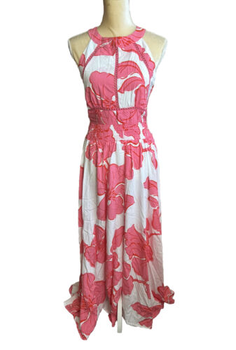Abel the Label Anthropologie Paloma Maxi Dress NWT White Pink Sexy Back sz L