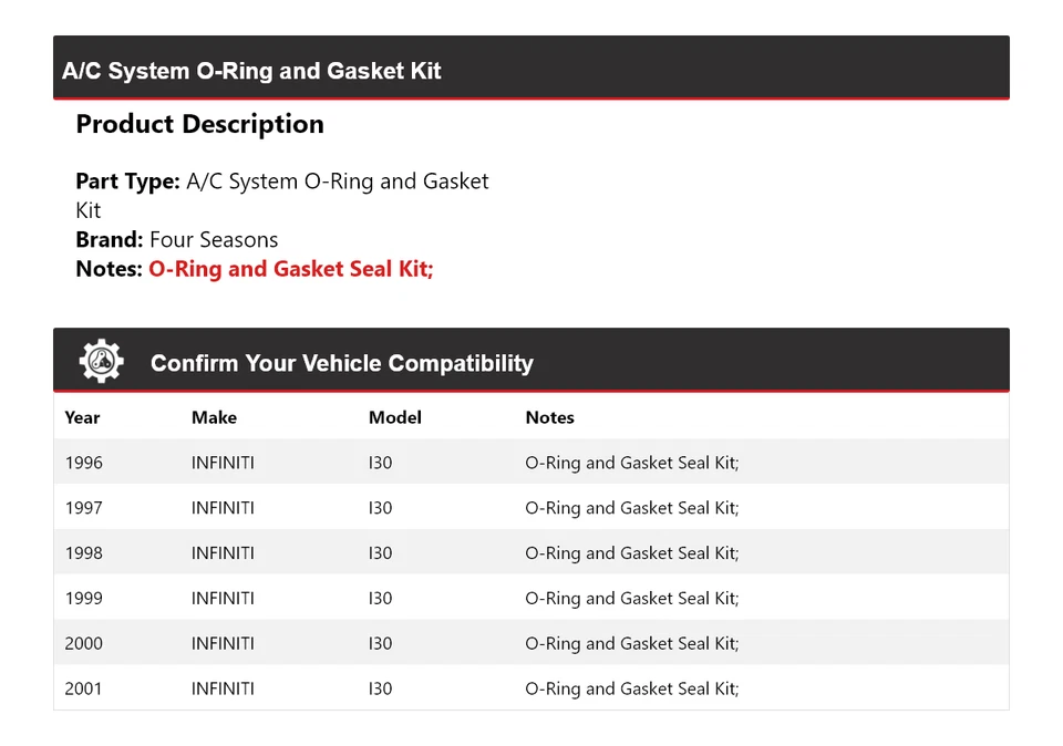 For 1996-2001 INFINITI I30 A/C System O-Ring and Gasket Kit 4 Seasons 1997 1998 - Image 2 of 4