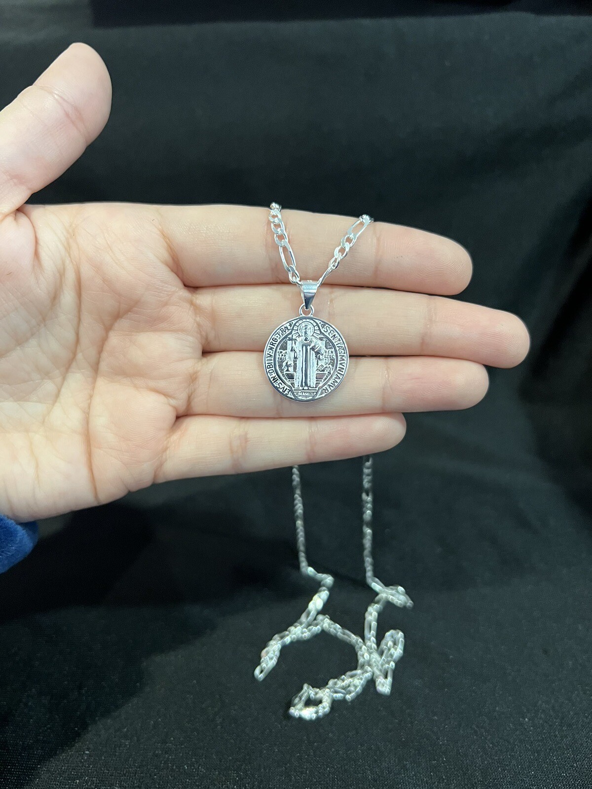 925 Sterling Silver Mens St Benedict San Benito Medal & Figaro Chain 18 ...