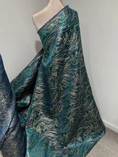 Green Blue Gold  Metallic Brocade Fabric 58” Width Sold By Yard