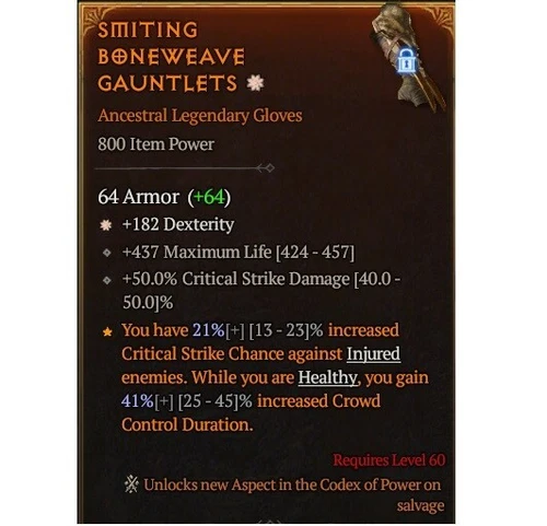 Diablo 4 S8 Smithing Boneweave Gauntlets 1GA Legendary Gloves Gear Equipment