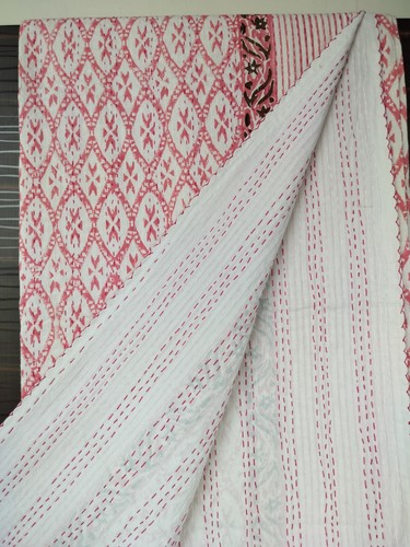 Indian pink Floral Kantha Handmade Bedspread Quilt Block Print King Size Blanket - Picture 3 of 6