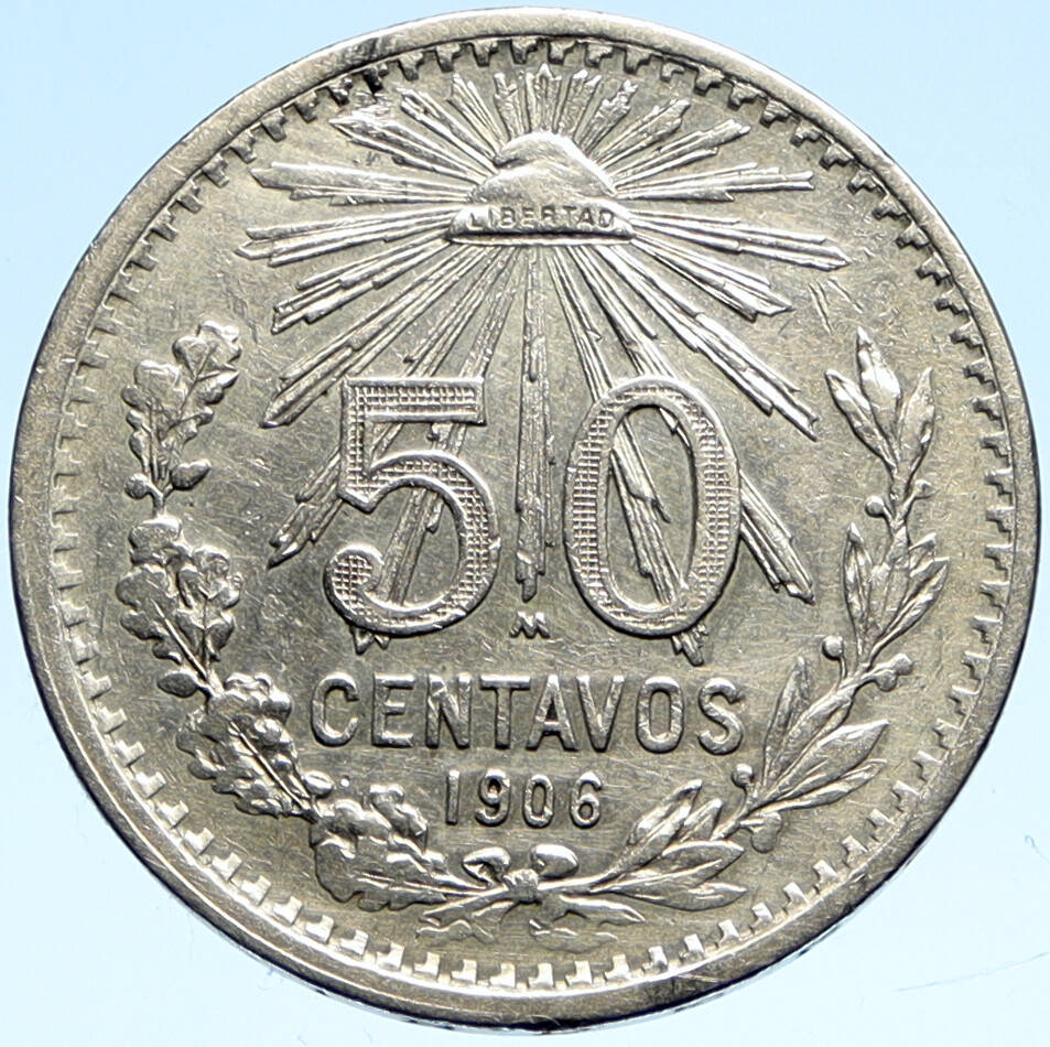 1906 MEXICO City EAGLE RADIANT CAP Old Silver 50 Centavos Mexican