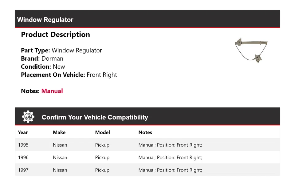 Regulador de ventana delantero derecho para camioneta Nissan Dorman 1995-1997 1996 Foto 2 de 4