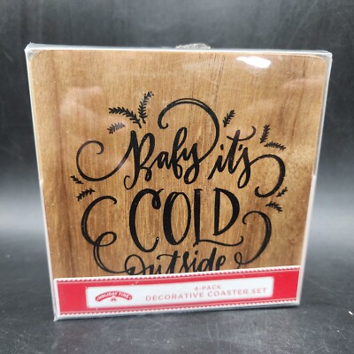 ''Baby, it's Cold Outside'' 4 Pack Decorative Coaster Set Holiday Time Acacai Wood
