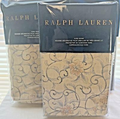 2 RALPH LAUREN Madalena Audrey KING SHAMS SET $230 NEW Tan Floral Scroll