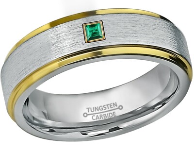 0.05ctw Princess Cut Emerald Ring, 6mm Brushed 2-Tone Tungsten Wedding Band #330