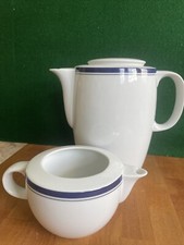 Crate & Barrel MCM Coffee Tea Pot w/Lid & Creamer Blue Band Stripes HTF