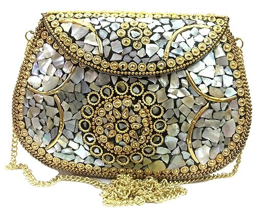 Antique Indian Handmade Stone Mosaic Golden Sling Bag Clutch for Women Girls