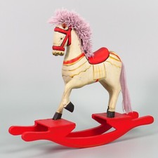 Vintage Rocking Horse Wooden Folk Art Hand Painted Carved Wood Yarn Mane Leather