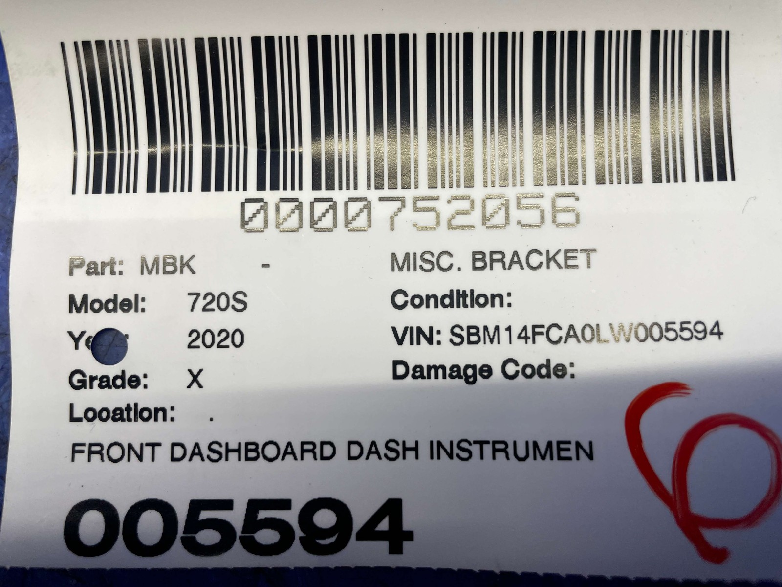 2018-2023 MCLAREN 720S OEM FRONT DASH INSTRUMENT PANEL SUPPORT BRACKET 14N1254CP
