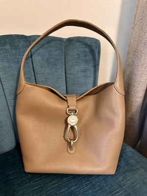 Dooney & Bourke Taupe Pebbled Hobo Shoulder Bag Gold Hardware Zip Key Clip