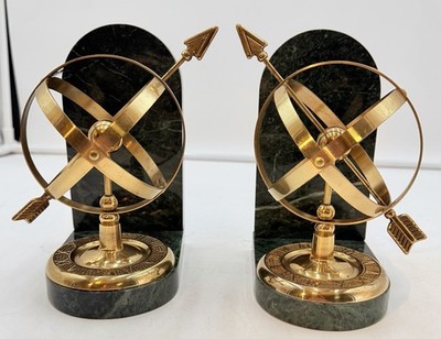 Vintage Rare Globe Armillary Astrolabe Green Marble Brass Sundial Bookends 