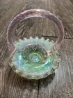 Vintage Fenton Glass Pink Handle Miniature Basket Iridescent Green Opalescent 4”