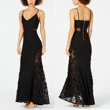 BETSY  ADAM Petite Adjustable Strap Sheer Lace Contrast V-Neck Trumpet Gown, 2P