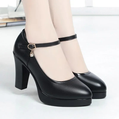 Women'S Platform High Heels Pumps Buckle PU Leather Black Dress Shoes