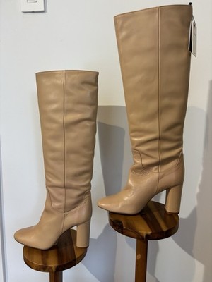Zara Basic Collection Tan Leather Knee High Boots Block Heel Size 6.5 EU 37 NWT