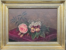 Quadro a Olio Impressionista Natura Morta con Fiori Rose Antico Anonimo Um 1900