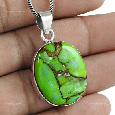 Oval Green Copper Turquoise Stone Handcrafted Bezel Pendant Jewelry 925 Silver