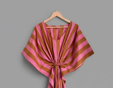 Indian Pink Handmade Cotton Striped Kaftan Maxi Dress Women's Clothing Gown US