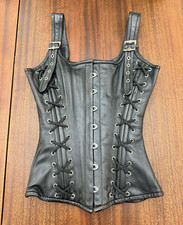 Women’s Leather Masters Black  Leather Overbust Lace-Up Boned Corset Straps M