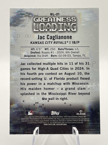 2025 Bowman #GL-21 Jac Caglianone Greatness Loading KANSAS CITY ROYALS - Picture 3 of 3