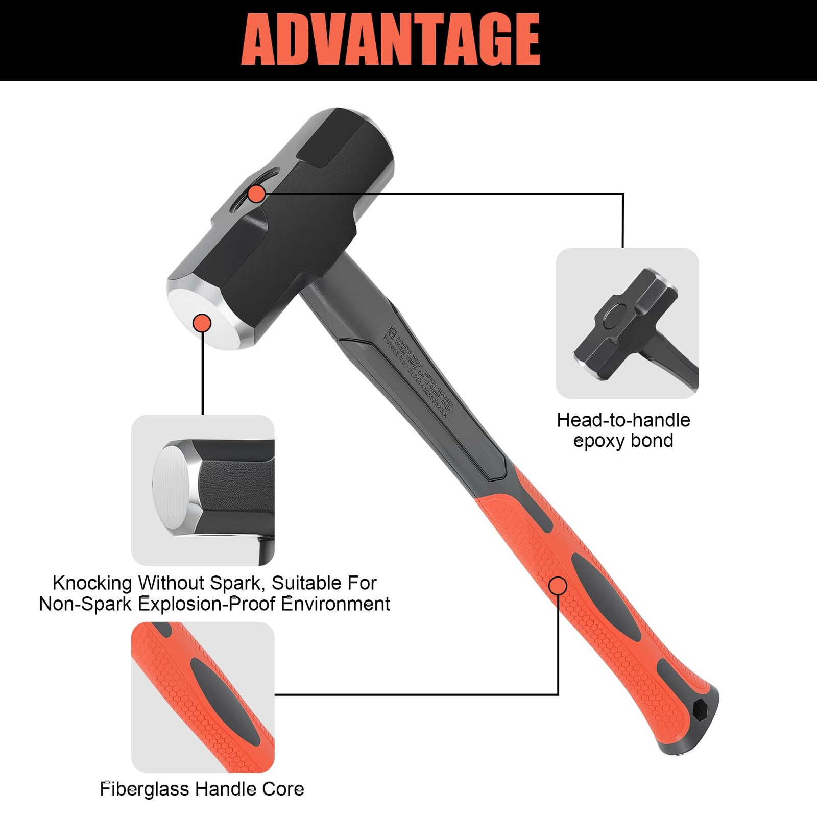 3lb Sledge Hammer - Heavy Duty Drilling Hammer with Forged Steel Head & Fiber...