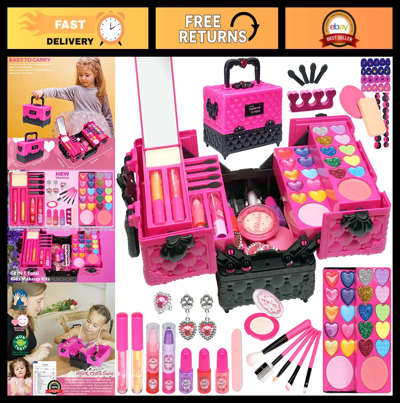 52 PCS Kids Makeup Kit - Safe & Washable Toddler Makeup Set with Case, Gifts for