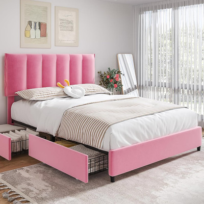 Stylish Pink Queen Bed Frame with 4 Storage Drawers & Adjustable Headboard