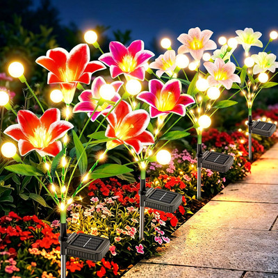 Upgraded Solar Garden Lights Outdoor: 4 Pack 2-in-1 Solar Lily Flower Lights wit