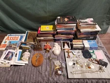 Huge Lot Vintage Catholic Religious Items Medals Book Prayer Decor Rosary Tapes