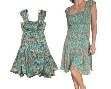 Watercolor Floral Smocked Asymmetrical Dress XS Green Boho Cottagecore Fairycore