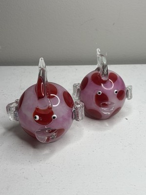 Vintage Murano Style Handblown Glass Fish Figurine Pink Polka Dot set of 2