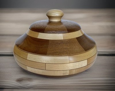 Marquetry Mixed Wood Lathe Turned Bowl with Lid, Artisan D Shombert 8'' Wide