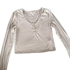 Dazy Women's XL Solid Half Button Ribbed Knit Crop Tee Cream Long Sleeves