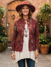 Chico's Jacket Womens 2 Red Floral Brocade Mandarin Collar Tapestry Boho