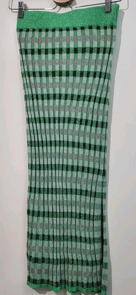 Mango MNG Lurex Knitted Striped Metalic Midi Skirt Green Black Silver XSMALL - Image 2 of 4