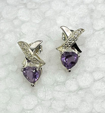 Heart shape genuine AMETHYST Sterling Silver 925 drop dangle post Earrings Mint