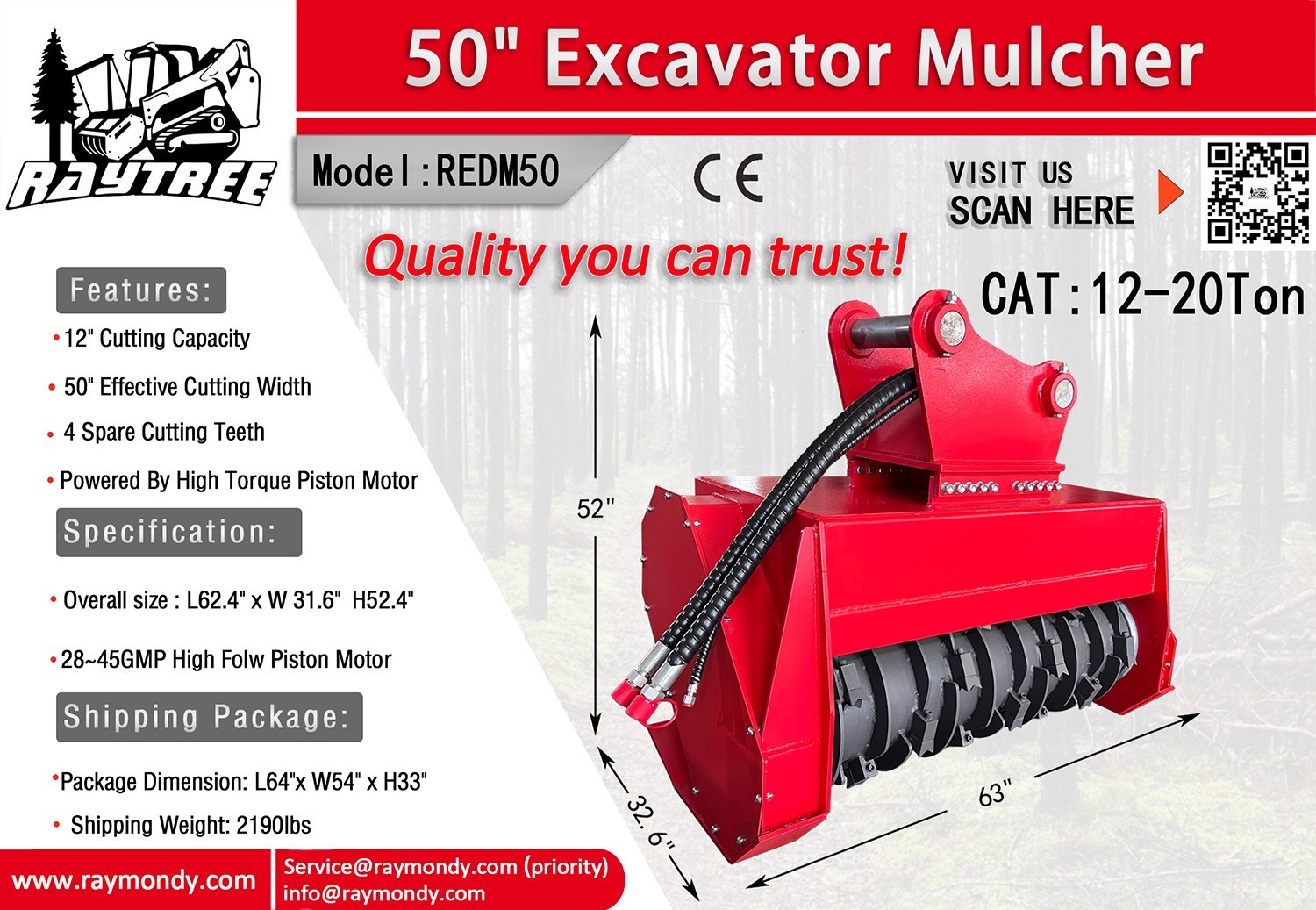 Raytree Excavator Forestry Drum Mulcher Tree Land Clearing 50" 80MM 12-20 Ton