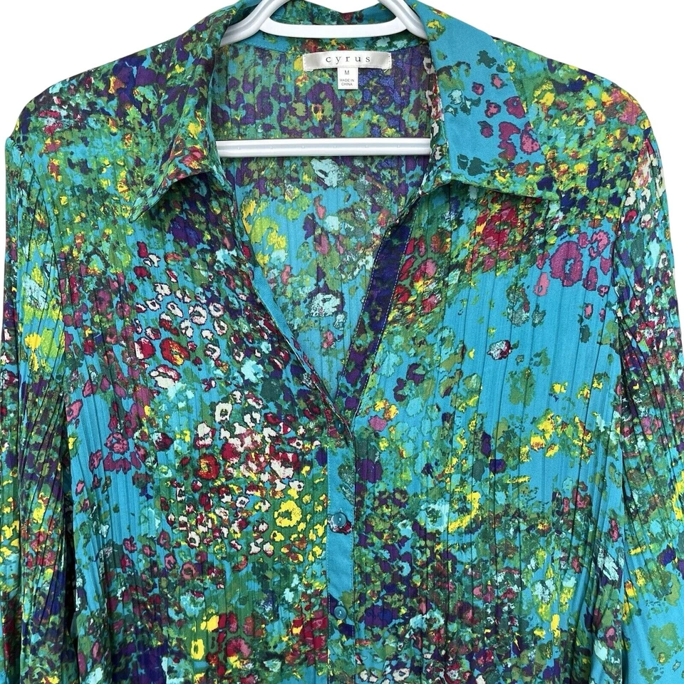 Cyrus | Top Botón Plisado Acuarela Floral Azul y Verde Gasa Manga Larga M Foto 4 de 4