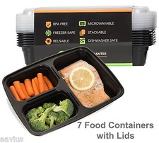 Reusable 3 Compartment Food Portion Plate Lunch Box Containers with Lids 7 Pack