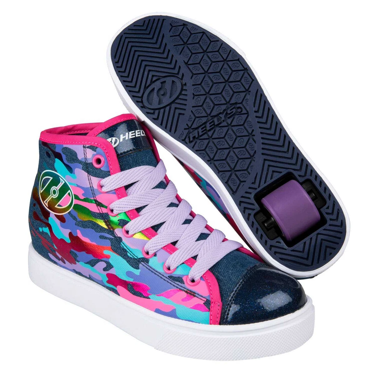 Kids Heelys Girls VELOZ Denim Multi Roller Skate Sneakers Shoes