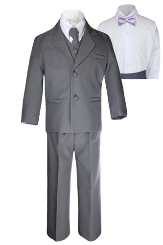 6pc Boy Kids Teen Dark Grey Formal Wedding Party Suits Tuxedo Satin Bow Tie 4-20 - Picture 10 of 28